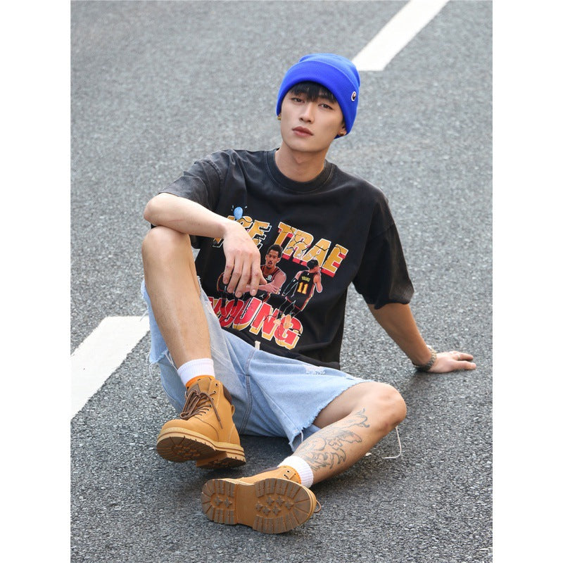 Basket Ball Star T Shirt Trae Young Washed Distressed Printed American T-shirt Loose Retro