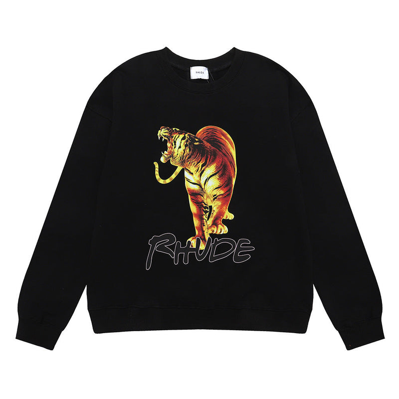 Rhude Hoodie Tiger Design HD Printed Hip Hop Men's and Women's Casual Terry round Neck Sweater