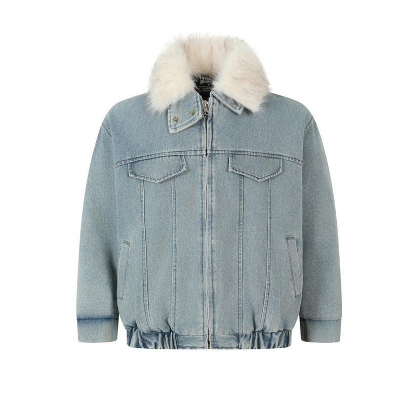 Unisex Down Jacket Men's Winter Fur Collar Denim Cotton