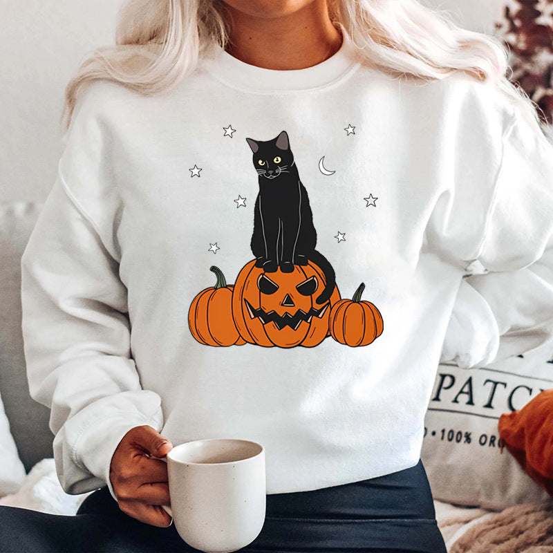 Fashion Halloween Black Cat Pumpkin Print Oversize