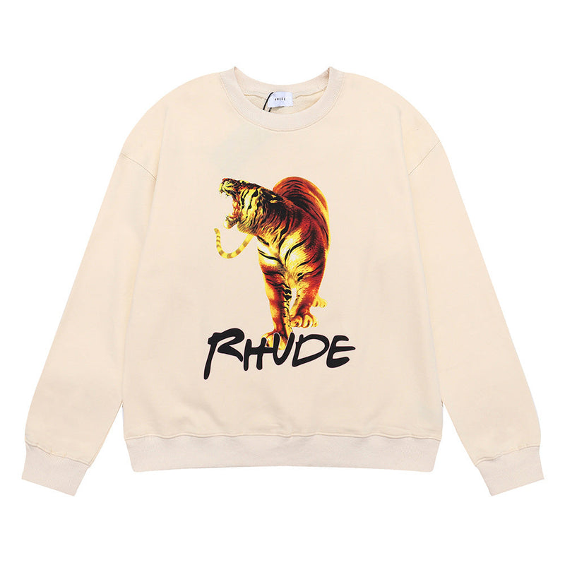 Rhude Hoodie Tiger Design HD Printed Hip Hop Men's and Women's Casual Terry round Neck Sweater