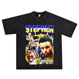 Basket Ball Star T Shirt Basketball Stephen Curry Washed Distressed Printed T-Shirt Short Sleeve Retro Pure Cotton