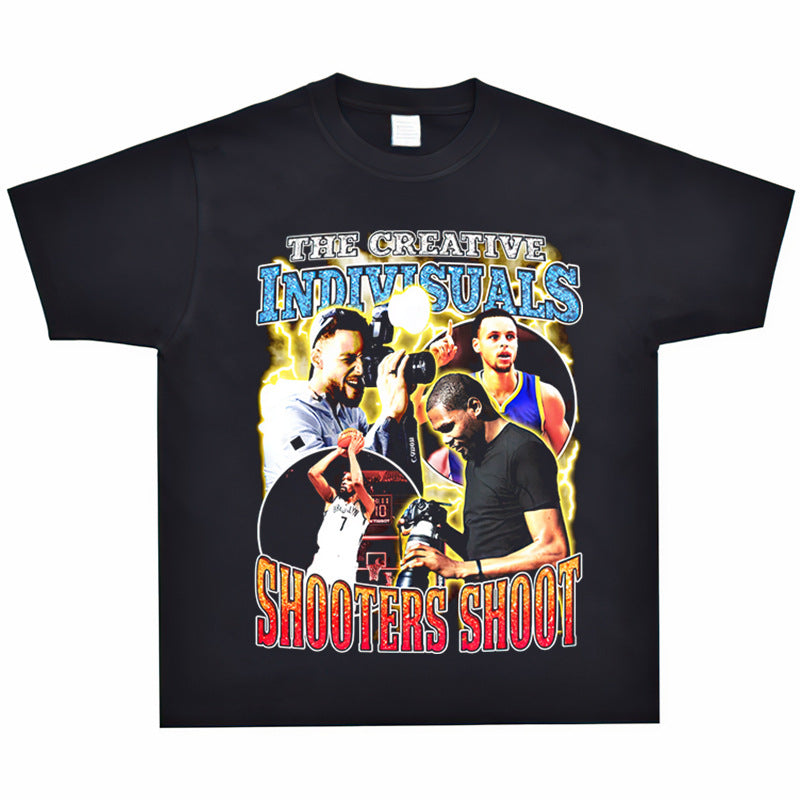 Basket Ball Star T Shirt Basketball Stephen Curry Washed Distressed Printed T-Shirt Short Sleeve Retro Pure Cotton