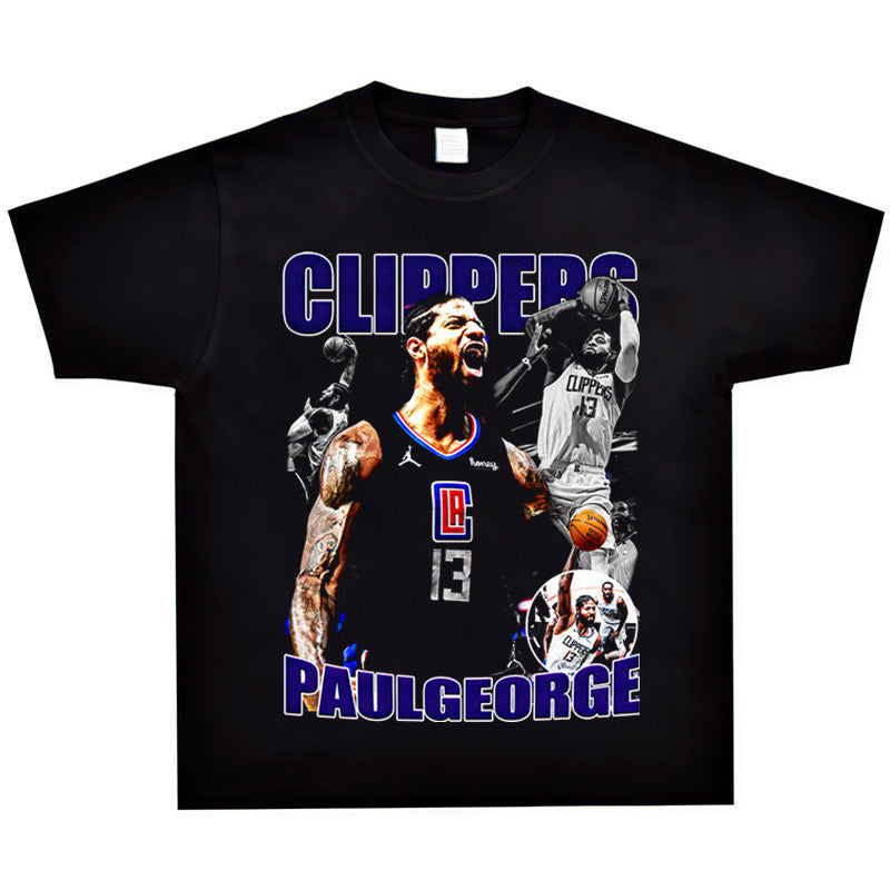 Basket Ball Star T Shirt Basketball Paul George Washed Distressed Printed T-Shirt Vintage Cotton Short Sleeve