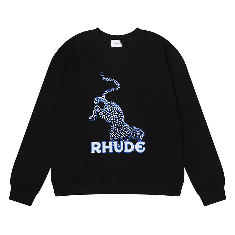 Rhude Hoodie Leopard Print Loose Men and Women Casual round Neck Sweater