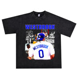 Basket Ball Star T Shirt Basketball Washed Distressed Printed Short Sleeve American Retro T-shirt Pure Cotton