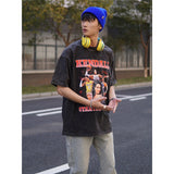 Basket Ball Star T Shirt Starting Five Retro Washed Distressed T-shirt Short Sleeve Loose Men and Women