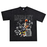 Basket Ball Star T Shirt Basketball Ja Morant Printed Washed Distressed T-Shirt Cotton Short Sleeve Loose