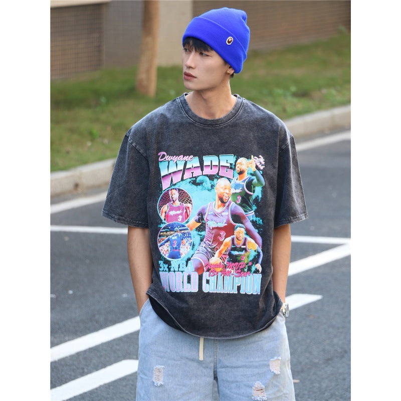 Basket Ball Star T Shirt Basketball Washed Distressed Dwyane Tyrone Wade Short Sleeve Printed T-shirt