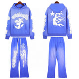 Mens trendy Hoodie & Pants Wash water do old print casual hoodie sweatpants