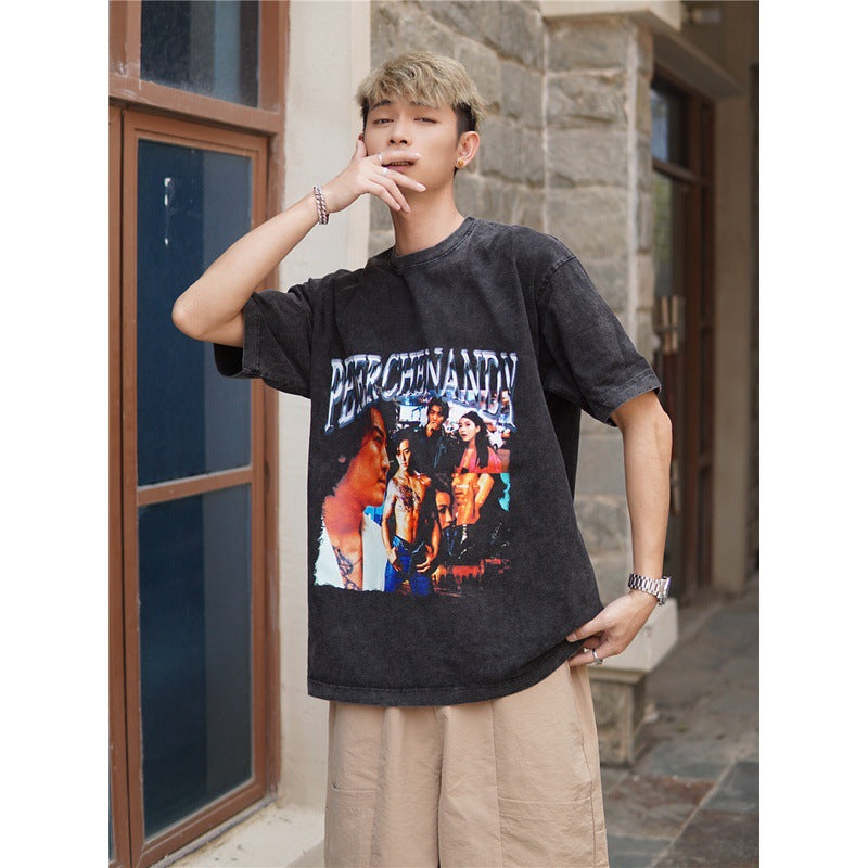 Basket Ball Star T Shirt Cotton Short Sleeve Loose round Neck Retro Heavy T-shirt for Men