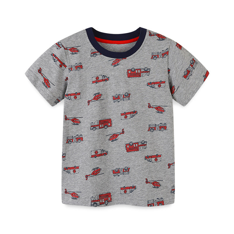 Boy T Shirt Boy's Short-Sleeved T-shirt Summer Knitted Cartoon Printed Children Top Pullover round Neck