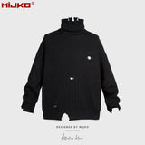MIJKO Mens Jacket Turtleneck Knitted Ripped Sweater