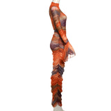 Lady Gaga Meet Dress Slim Skirt Suit Flared Sleeve Turtleneck Mesh