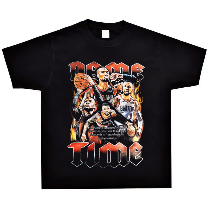 Basket Ball Star T Shirt Damian Lillard Short Sleeve Washed Distressed T-shirt Loose