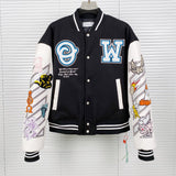 Off White Jacket Autumn/Winter OW Heavy Industry Embroidered Leather Down Cotton Baseball Jacket Jacket