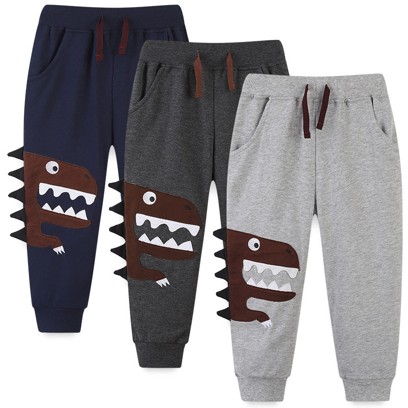 Boy Pants Children's Sport Pants Cotton Autumn Boy Sweater Pants Cartoon Embroidered Dinosaur Crawler