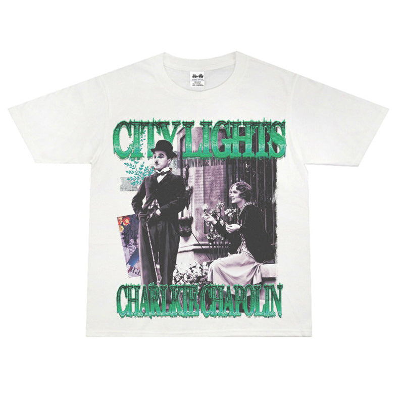 Film Star T Shirt Classic Movie Surrounding City Light Loose Retro Street Cotton T-shirt