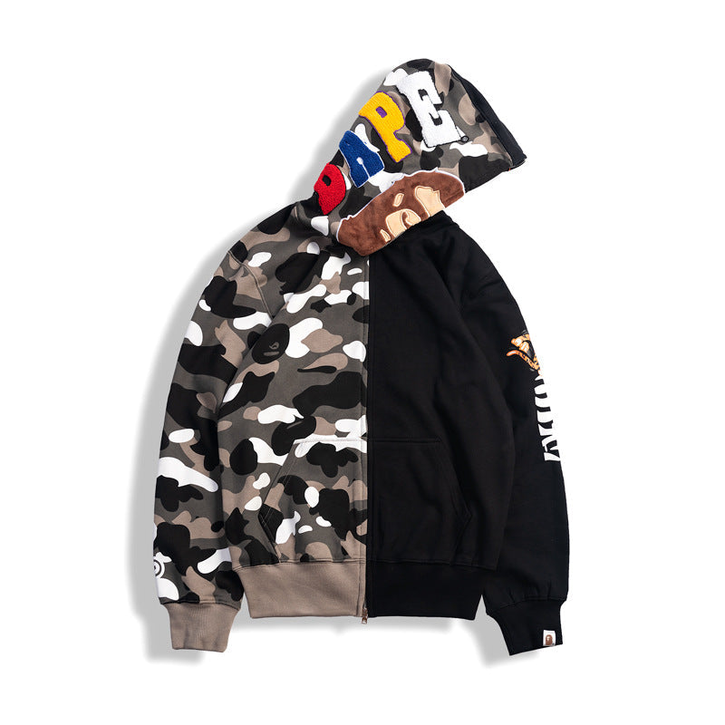 Bathing Ape Hoodie Shark Luminous Camouflage Jacket Men's Autumn and Winter Cardigan Zipper Embroidered Hooded Sweater