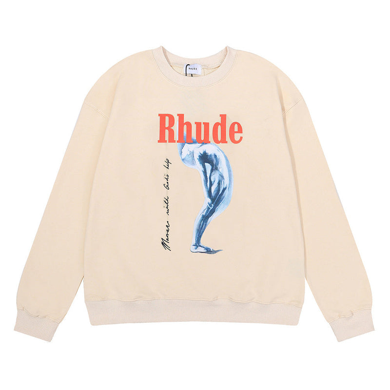Rhude Hoodie Rhude Tortured Goddess Pure Cotton Terry Hip Hop Men's and Women's Crew Neck Casual Sweatshirt