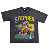 Basket Ball Star T Shirt Basketball Stephen Curry Washed Distressed Printed T-Shirt Short Sleeve Retro Pure Cotton
