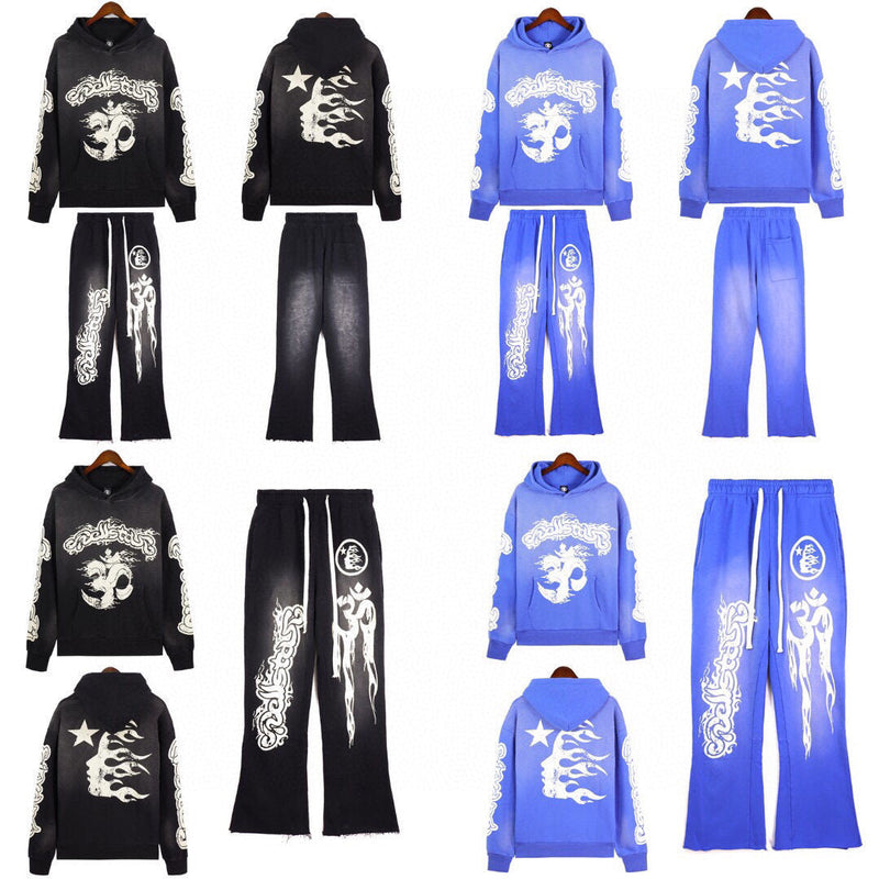 Mens trendy Hoodie & Pants Wash water do old print casual hoodie sweatpants