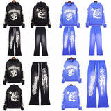 Mens trendy Hoodie & Pants Wash water do old print casual hoodie sweatpants