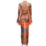 Lady Gaga Meet Dress Slim Skirt Suit Flared Sleeve Turtleneck Mesh