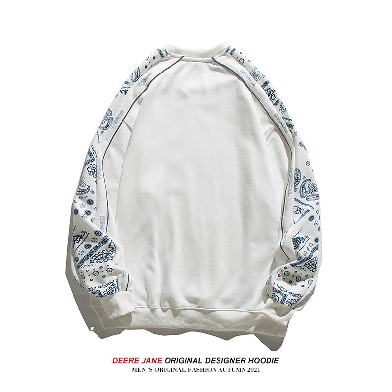 Men Pullover Hoodie Spring Patchwork round Neck Spring and Autumn Japanese Style Loose Top