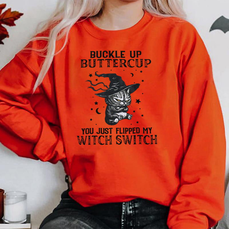 Halloween Cat Buckle Up Butter Cup Print Pullover For Women