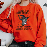 Halloween Cat Buckle Up Butter Cup Print Pullover For Women