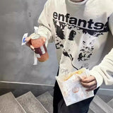 ERD Sweatshirt Printed Pattern Long Sleeve Boxy round Neck T-shirt White