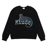 Rhude Hoodie Black Leopard Leopard Printed Hip Hop Men's and Women's Casual round Neck Terry Sweater