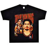 Basket Ball Star T Shirt Trae Young Washed Distressed Printed American T-shirt Loose Retro