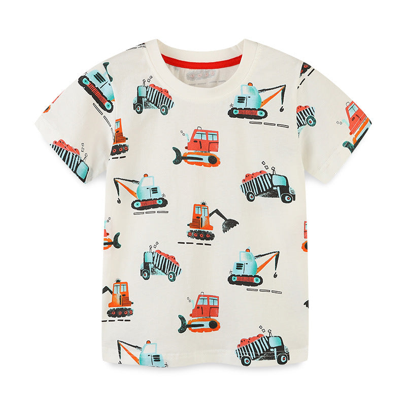 Boy T Shirt T-shirt Summer Boys' round Neck Pullover Short-Sleeved Shirt Knitted Cotton Cartoon