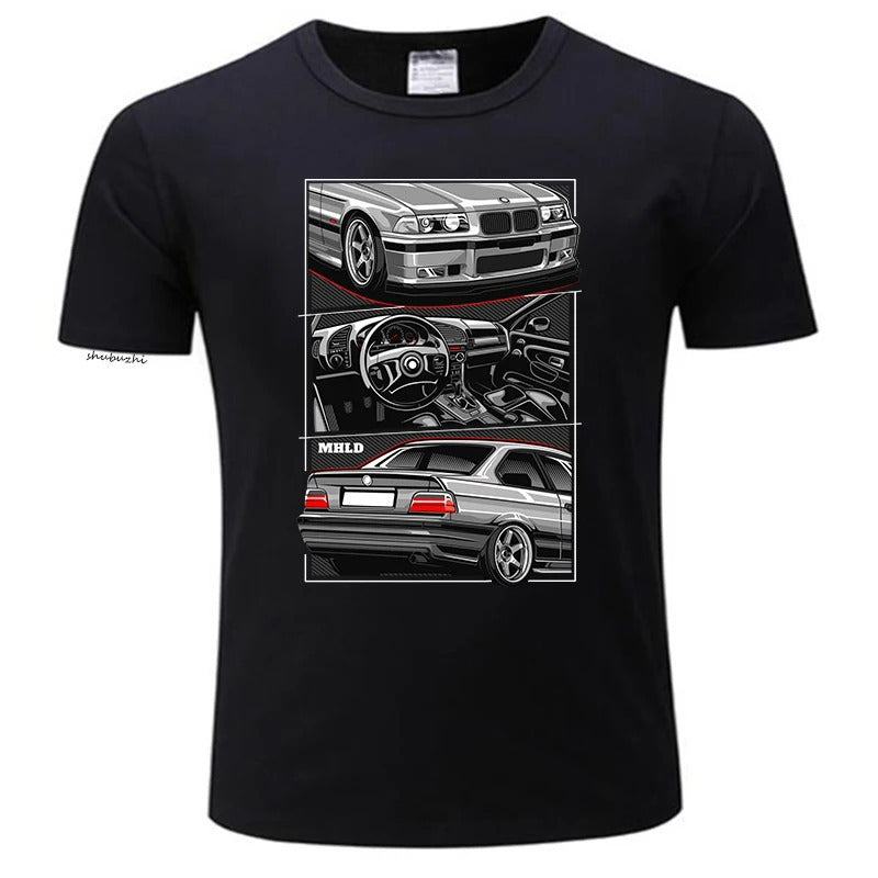 Crew neck T-shirt, sports car print short sleeves