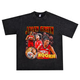 Basket Ball Star T Shirt Jalen Green Washed Distressed Printed T-Shirt Retro Short Sleeve Loose