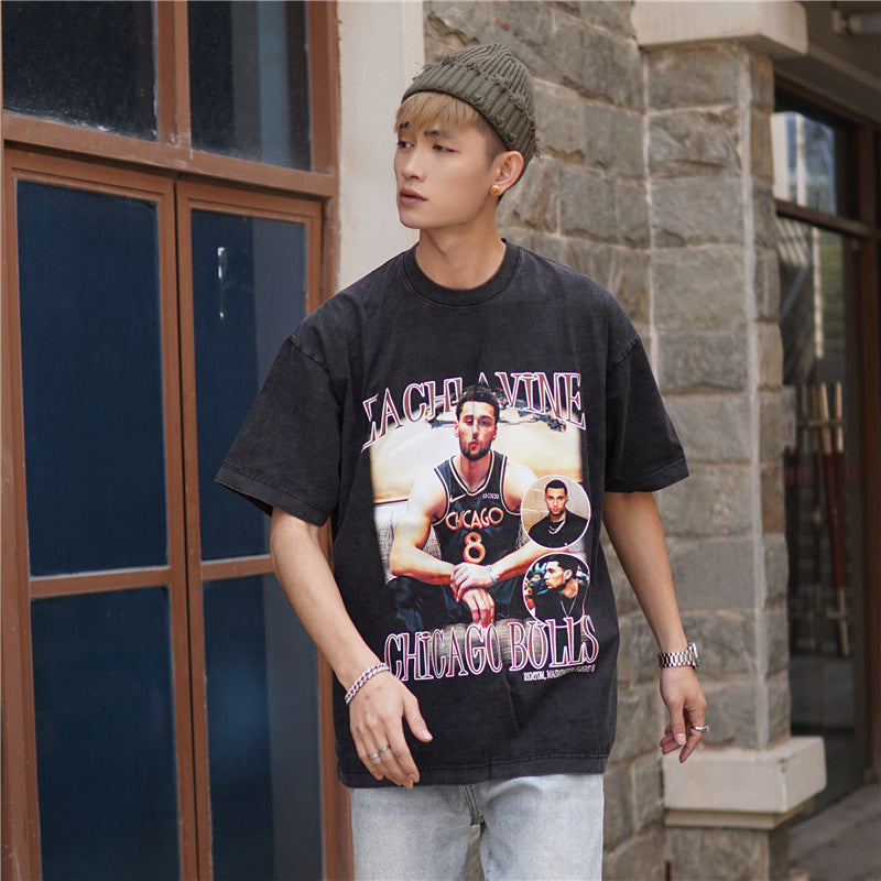 Basket Ball Star T Shirt Basketball Zach LaVine Washed Distressed Printed Cotton T-shirt Short Sleeve