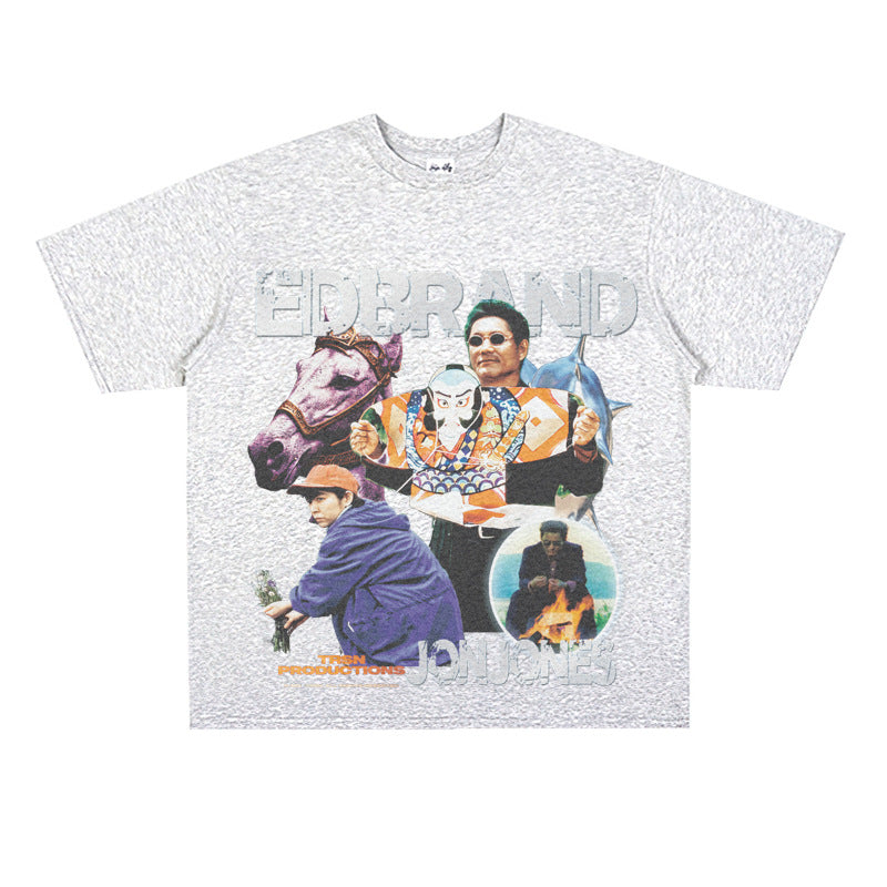 Film Star T Shirt Loose American Retro Heavy round Neck Street T-shirt for Men and Women