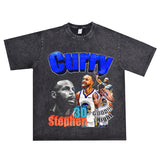 Basket Ball Star T Shirt Basketball Stephen Curry Washed Distressed Printed T-Shirt Short Sleeve Retro Pure Cotton