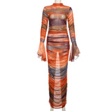Lady Gaga Meet Dress Slim Skirt Suit Flared Sleeve Turtleneck Mesh