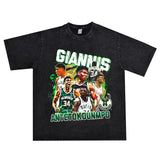 Basket Ball Star T Shirt Washed Distressed Printed T-Shirt Short Sleeve Loose Retro Cotton