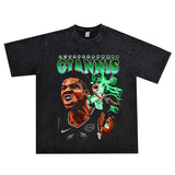 Basket Ball Star T Shirt Washed Distressed Printed T-Shirt Short Sleeve Loose Retro Cotton