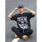 Basket Ball Star T Shirt Cade Cunningham Washed Distressed Printed T-shirt Short Sleeve Loose Wide