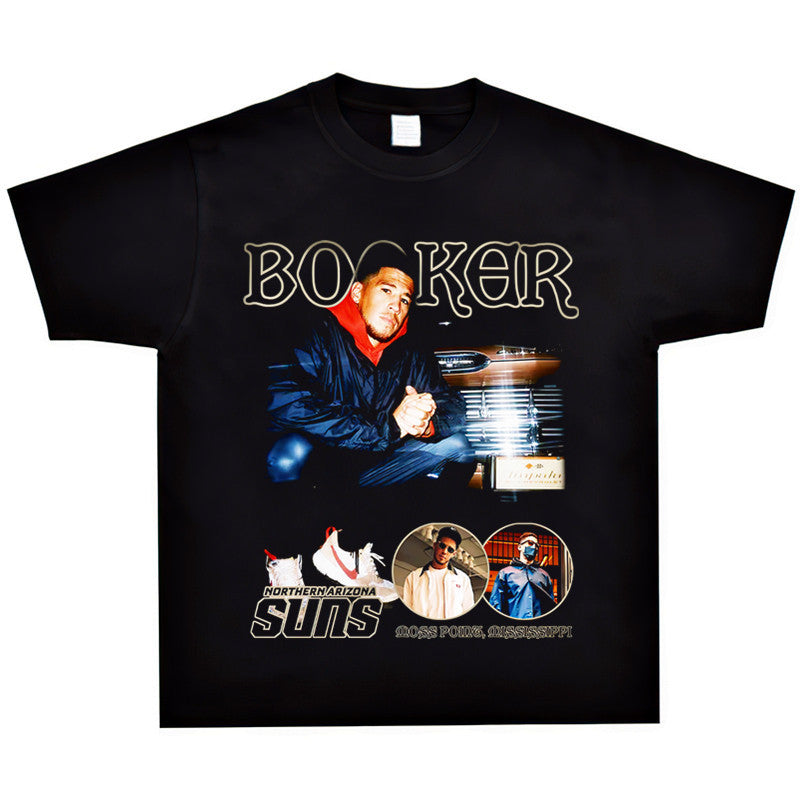 Basket Ball Star T Shirt Basketball Washed Distressed Devin Booker Short Sleeve Loose-Fitting Pure Cotton T-Shirt