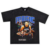 Basket Ball Star T Shirt Trae Young Washed Distressed Printed American T-shirt Loose Retro