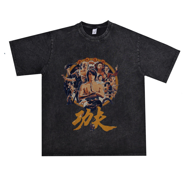 Film Star T Shirt Movie Zhou Xingchi Kung Fu Trendy Pure Cotton Short Sleeve Loose round Neck Heavy T-shirt Men and Women