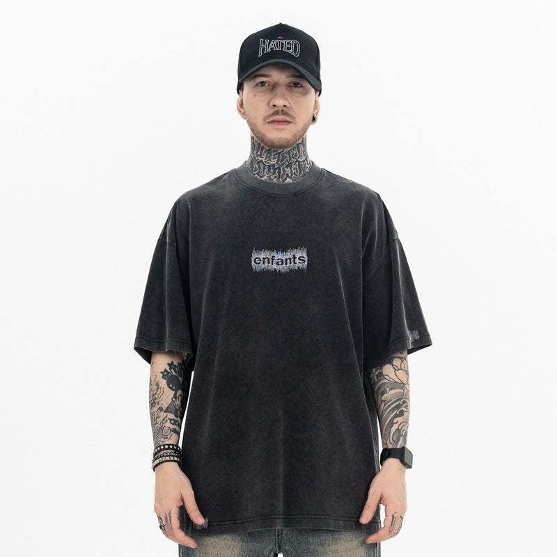 ERD T Shirts Washed Embroidery Retro Short Sleeve T-shirt Men