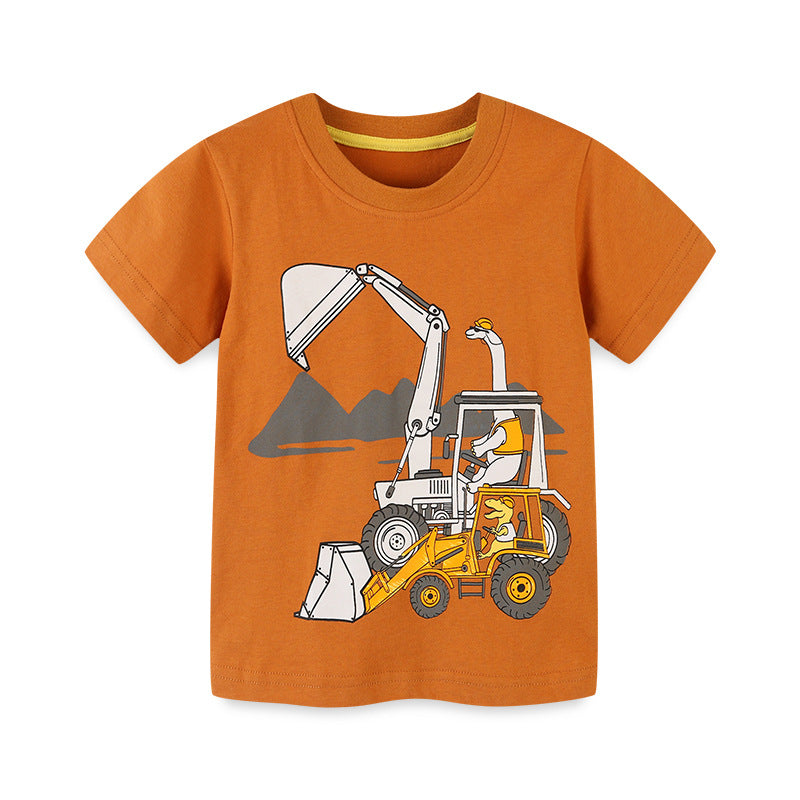 Boy T Shirt T-shirt Knitted Cotton Cartoon Print Fashion round Neck Children's Short Sleeve