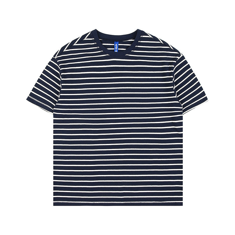 Mariner Shirt Summer Cotton Contrast Color Striped Loose Short Sleeve T-shirt Men's Fashion